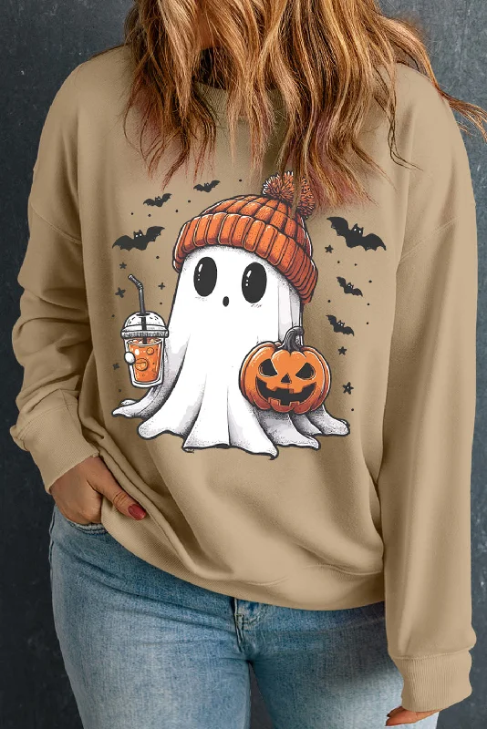Apricot Cute Ghost Pumpkin Printed Plus Size Halloween Sweatshirt Oversized Hoodie Comfort Casual