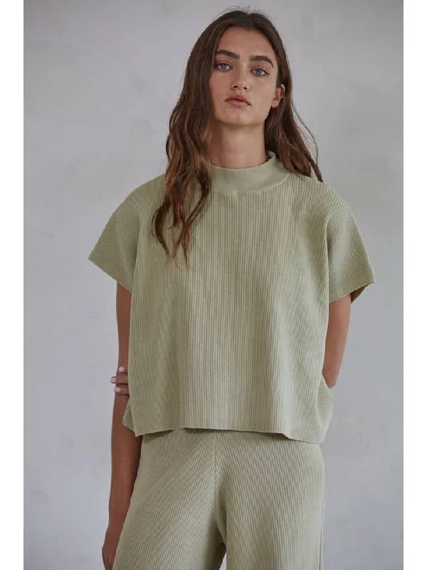 By Together Cap Sleeve Knit Sweater in Avocado Cable Knit Ribbed Knit Lace Knit