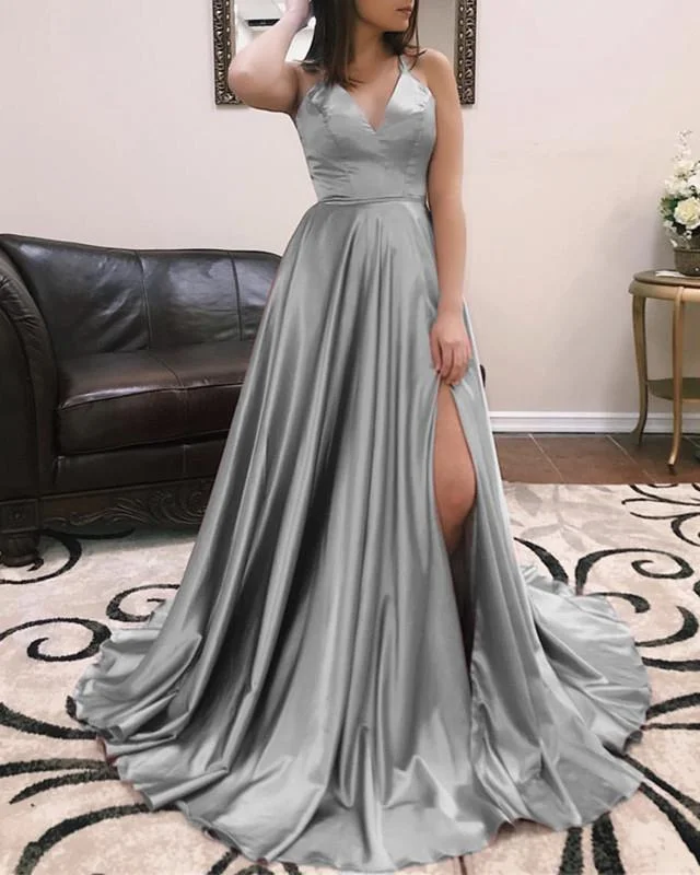 Long Sexy V-neck Cross Back Satin Prom Dresses 2019 Tunics Trousers formal