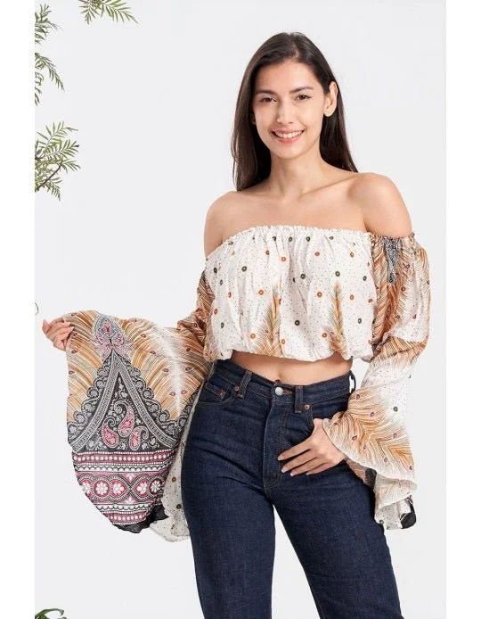 Feather Print Off The Shoulder Crop Top (TH-1766) Terry Blend Velvet Blend Canvas Blend