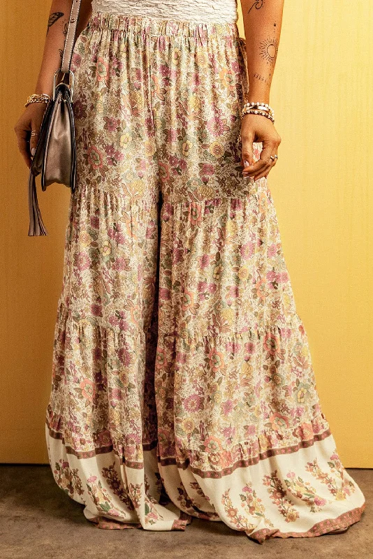 Boho Blossom Patchwork Palazzo Trousers Trousers Solid Black
