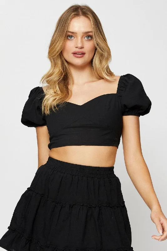 Black Crop Top Short Sleeve Zippered Front Buttoned Front Snap Front