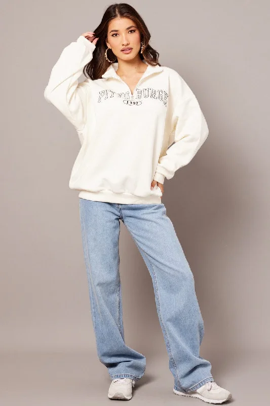White Zip Neck Sweater Oversized Wool Sweater Cotton Sweater Cashmere Sweater
