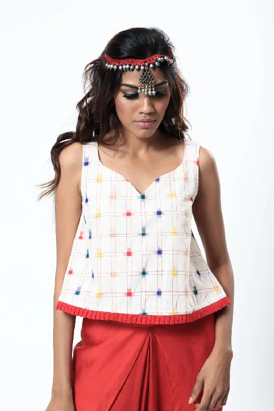 Ikat Checks Crop Top With Pleated Hem Machine Wash Dry Clean Hand Wash