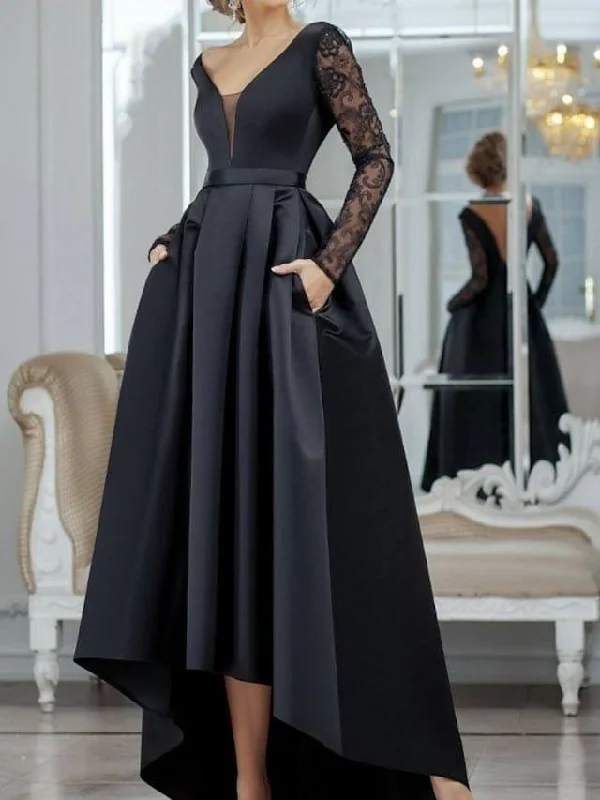 A-Line Minimalist Sexy Wedding Guest Formal Evening Dress V Neck Long Sleeve Asymmetrical Lace Satin with Pleats Lace Insert Tunics Designer luxury