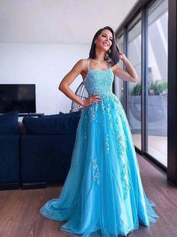A-Line/Princess Spaghetti Straps Tulle Sleeveless Applique Sweep/Brush Train Dresses Bodycon Club Sequined