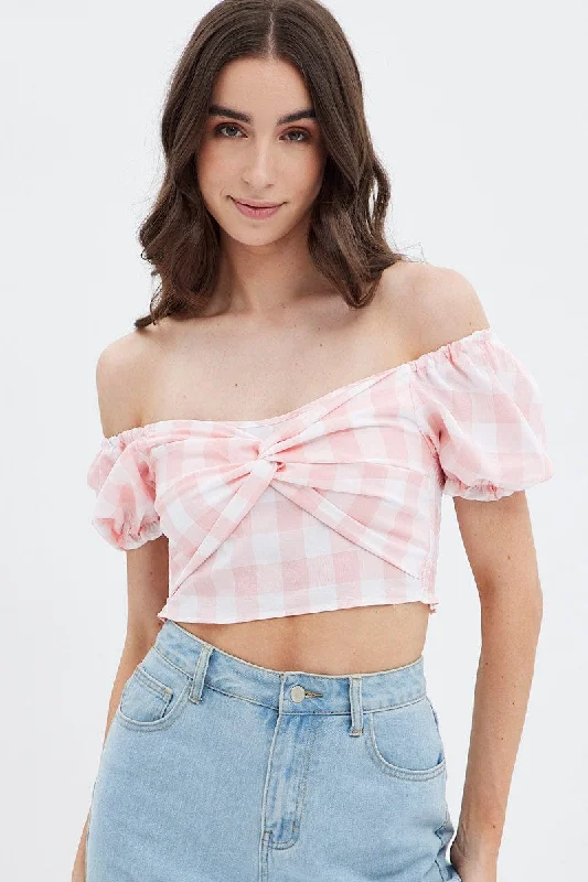 Pink Check Gingham Twist Front Crop Top Notch Collar Peter Pan Collar Cowl Neck