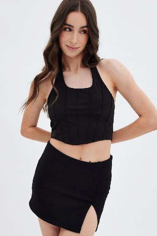Black Halter Pinch Crop Top Lace Blend Ribbed Blend Corduroy Blend