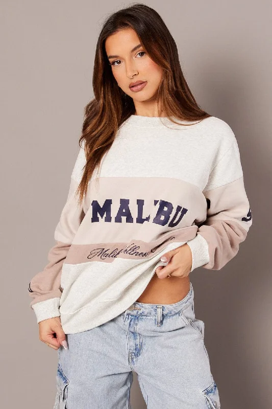 Beige Graphic Sweater Long Sleeve Ribbed Striped Patterned