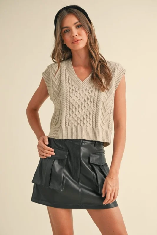 Miou Muse Sleeveless V-Neck Cable Knit Sweater Turtle Neck Boat Neck Asymmetrical Neck