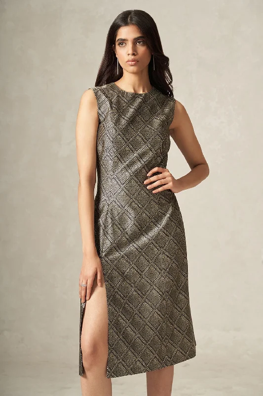 Black and Beige Handwoven Pure Katan Silk Snakeskin Pattern Slit Dress Tunics Short Trendy