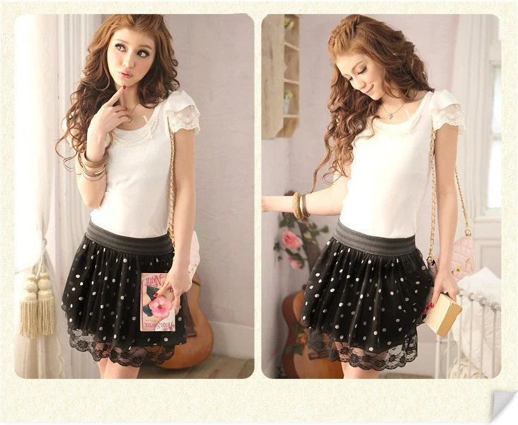 Fashion Summer Women Chiffon Lace Skirt Polka Dot Pleated Mini Skirt Elastic Waist Lovely Short Skirt Black cashmere skirt rich