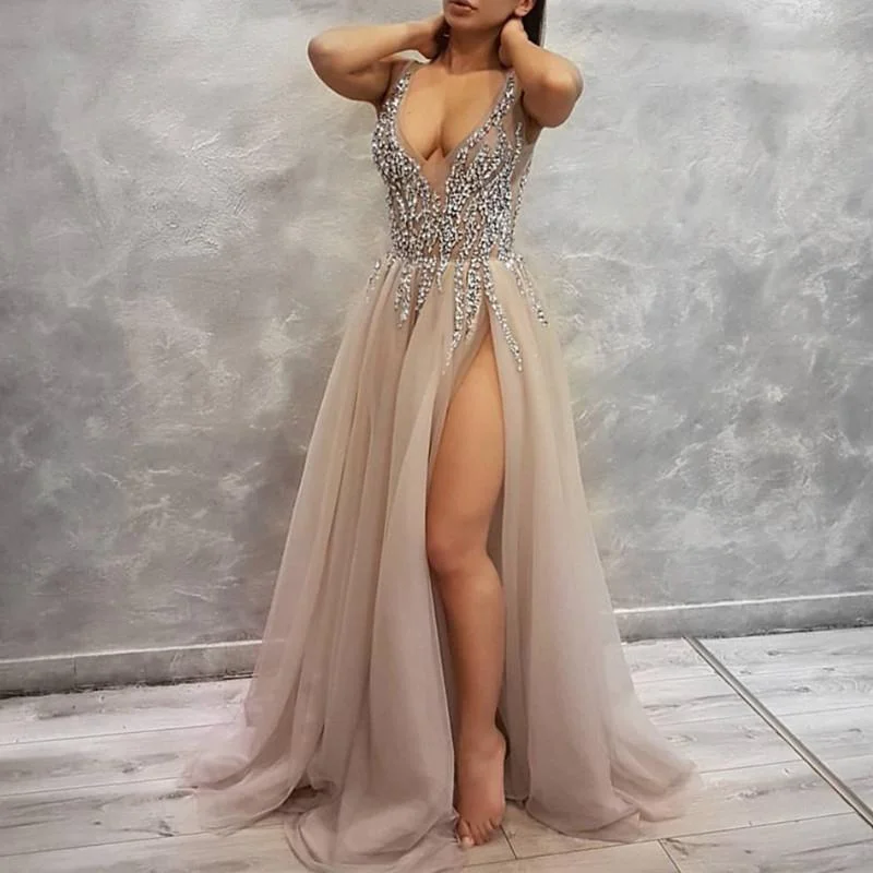 Sexy Deep V Neck Long Tulle Slit Prom Dresses 2018 Beaded Evening Gowns Tunics Versatile functional
