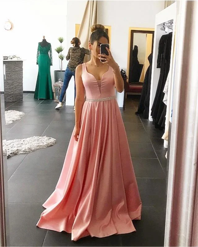 Pink Satin Floor Length Evening Dresses V-neck Prom Dresses Beaded Sashes Tunics Print Colorful