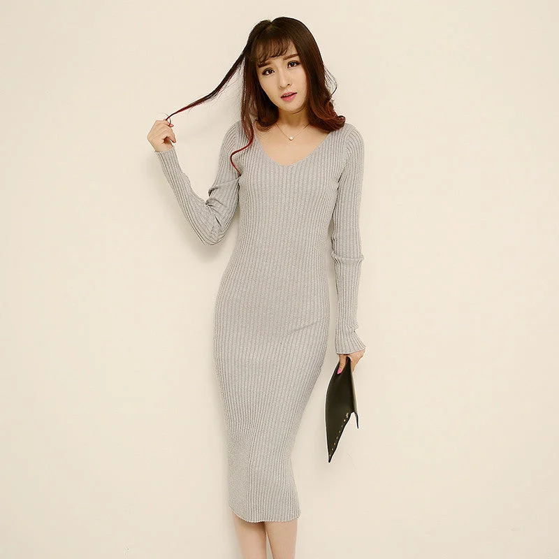 Fashion Women Dress Autumn Winter Long Sweater Dresses Black V-Neck Long Sleeve Knitted Dress Skinny Slashed Pencil Dress Turtle Neck Boat Neck Asymmetrical Neck