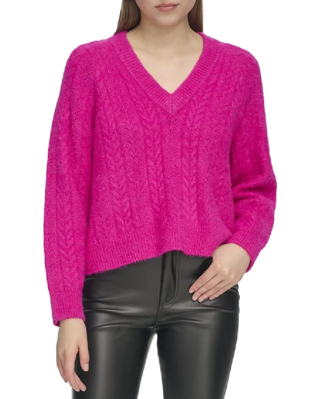 DKNY Novelty Knit Sweater Boat Neck Shawl Collar Notched Collar