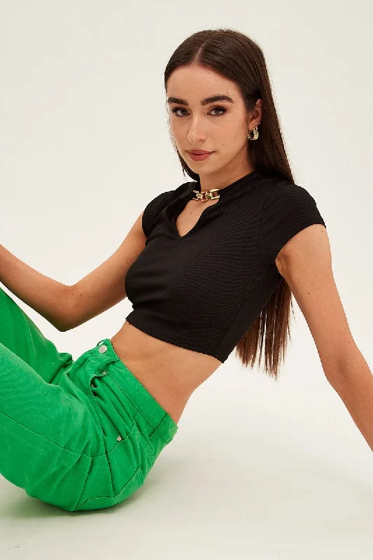 Black Crop Top Short Sleeve Notched Neck Chain Detail Notch Collar Peter Pan Collar Cowl Neck