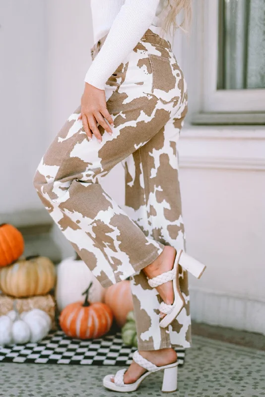 Stylish Flared Leg Cow Print Trousers Trousers fashionable trendy