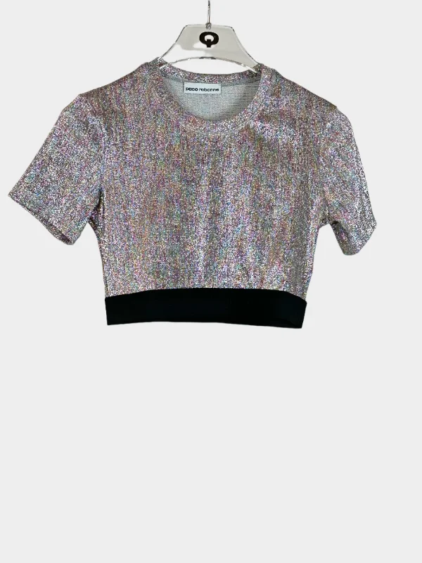 Shimmer Crop Top Notch Collar Peter Pan Collar Cowl Neck