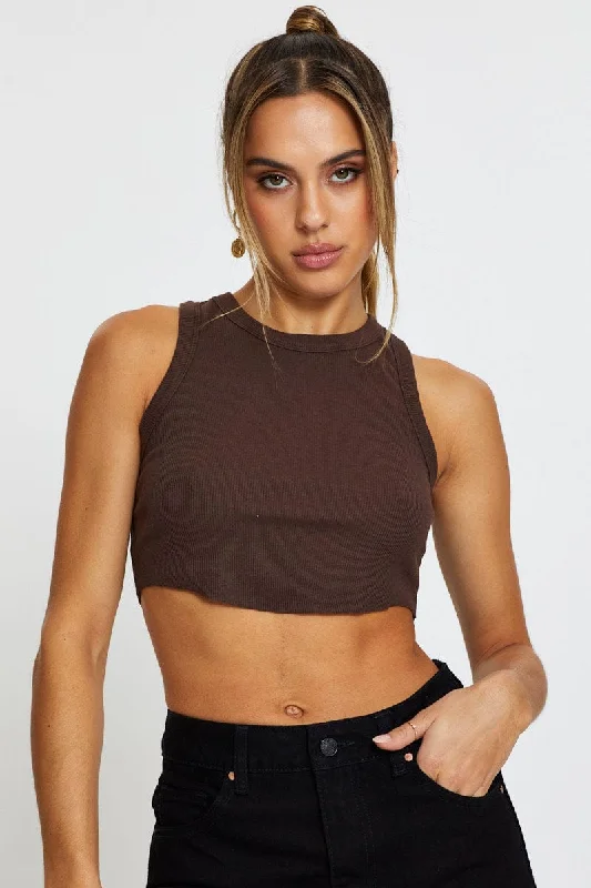 Brown Crop Top Ribbed Crop Top High Neck Heavyweight