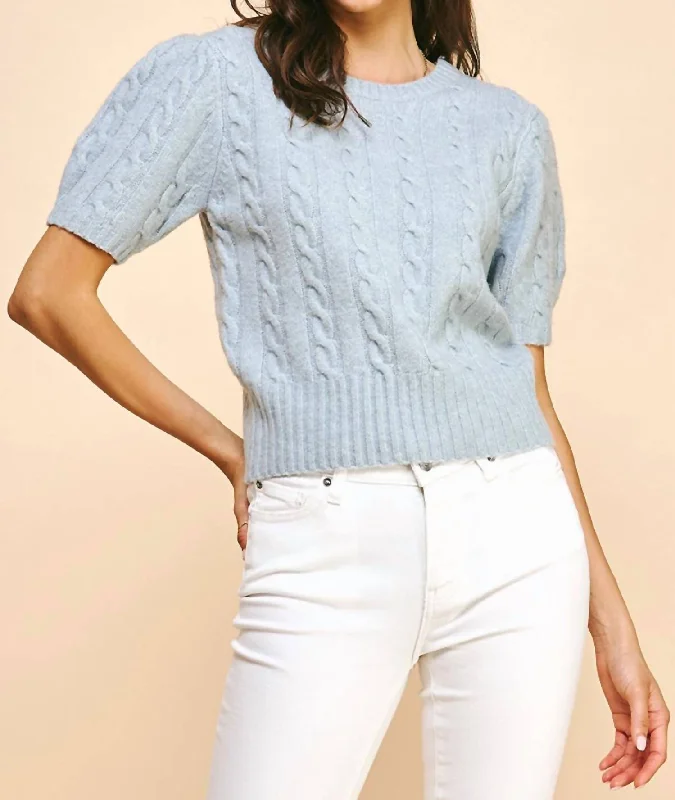 Cable Knit Sweater Top In Dusty Blue Knit Fabric Woven Fabric Fleece Fabric