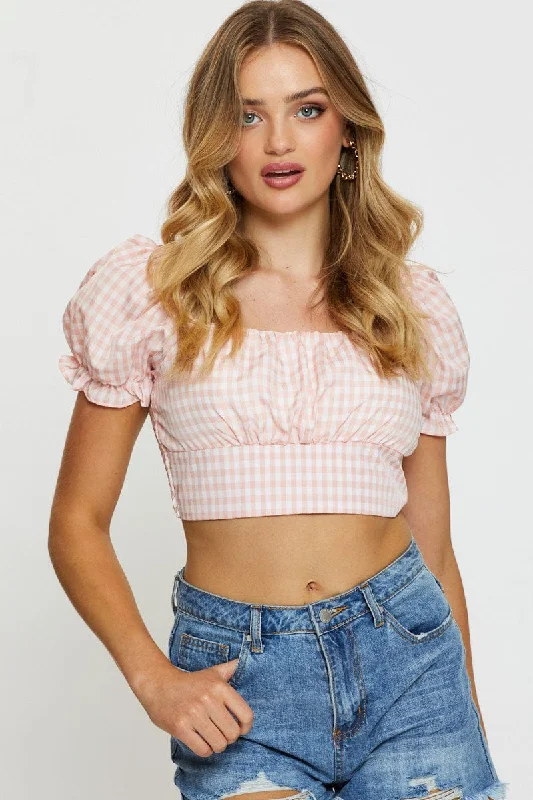 Check Crop Top Short Sleeve Knit Fabric Woven Fabric Fleece Fabric