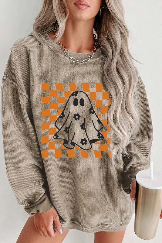 Khaki Checkerboard Floral Ghost Graphic Corded Halloween Sweatshirt Hoodie with Zipper Versatile Modern Khaki Checkerboard Floral Ghost Graphic Corded Halloween Sweatshirt Hoodie with Zipper Versatile Modern