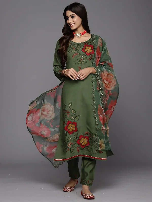 Women's Green Embroidered Straight Kurta Trousers With Dupatta Set - Indo Era Trousers Bootcut Casual Women's Green Embroidered Straight Kurta Trousers With Dupatta Set - Indo Era Trousers Bootcut Casual