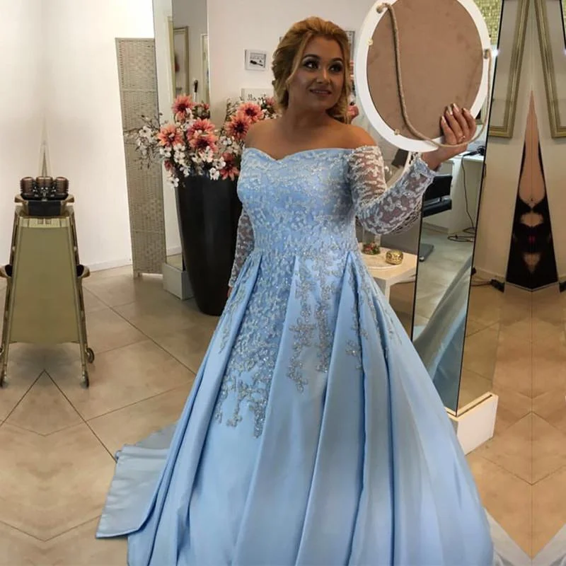 V Neck Off Shoulder Light Blue Satin Ball Gowns Evening Dress For Engagement Party Tunics Distressed trendy