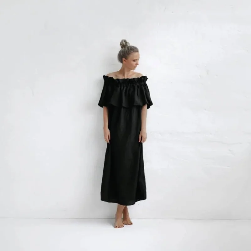 Off Shoulder Black Linen Dress by Seaside Tones empire Waist empire