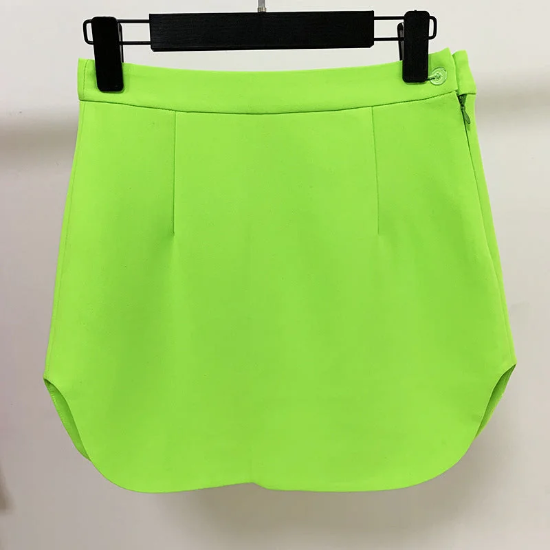 Hight Waisted Neon Green Skirt Gold-tone Mini Skirt for Ladies wool skirt thick