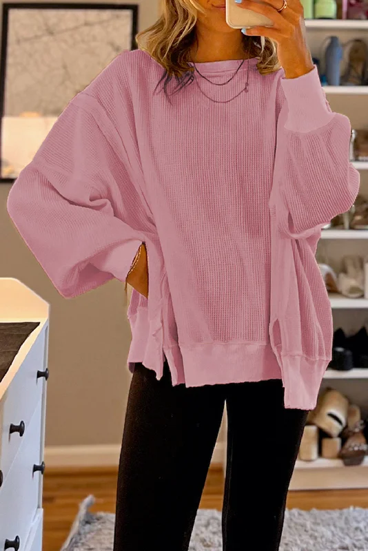 Pink Waffle Knit Bishop Sleeve Split Oversized Sweatshirt Hoodie with Slim Fit Tailored Modern