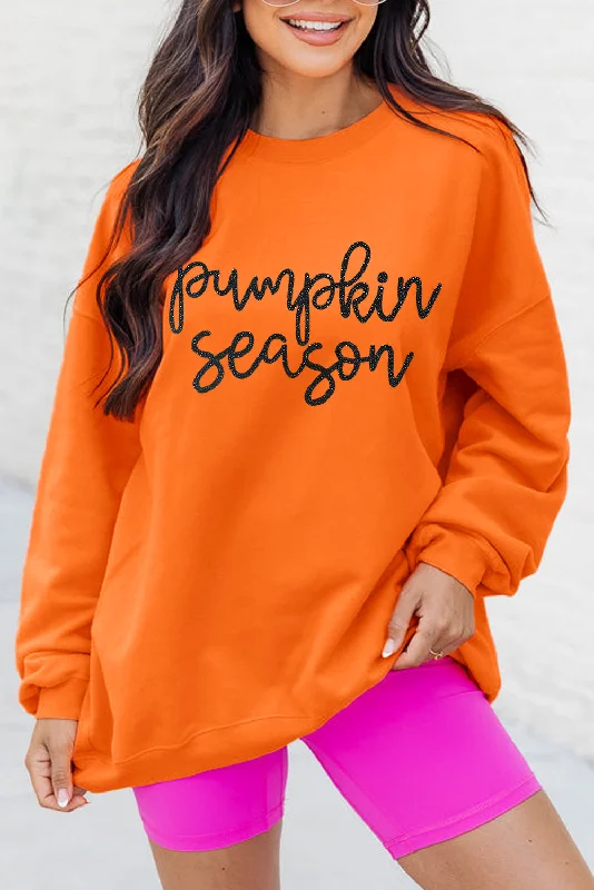 Russet Orange Glittering Pumpkin Season Graphic Drop Shoulder Pullover Sweatshirt Hoodie with Logo Branding Identity