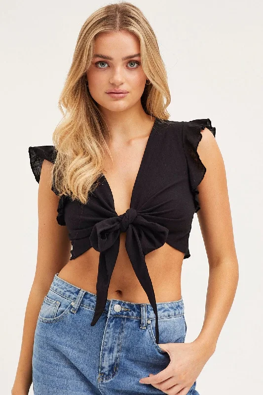 Black Crop Top Short Sleeve Tie Front Asymmetrical Pockets Print