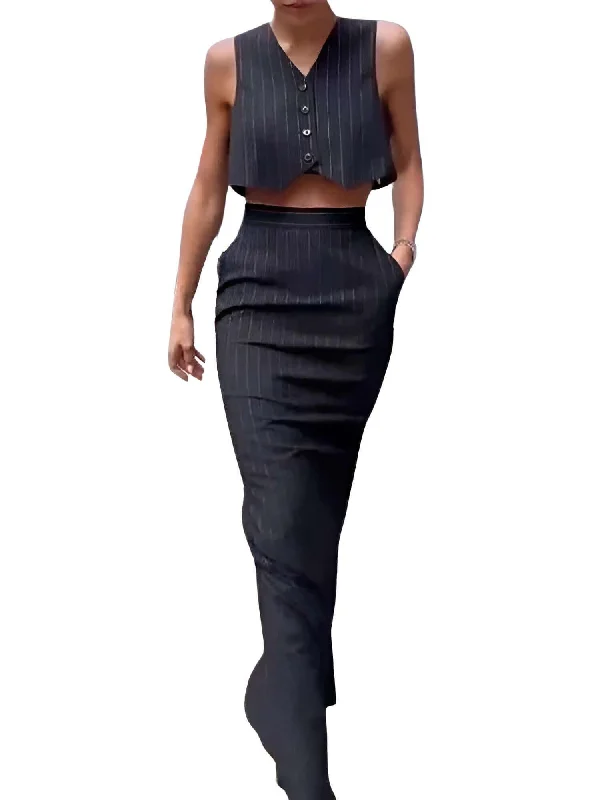Elegant Sleeveless Single Breasted Button Vest & A Line Black Skirt Set For Women zip skirt side