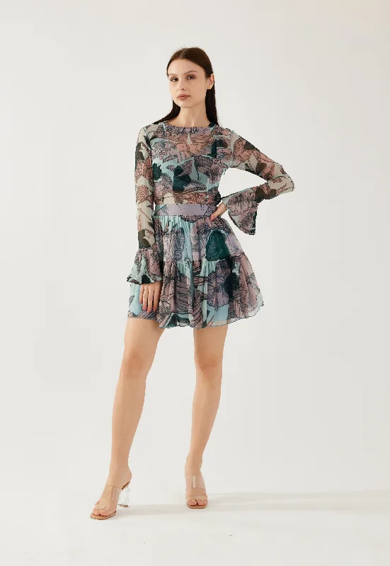 Sky blue, peach and green floral short skirt corduroy skirt durable