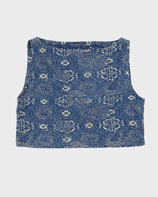 Vintage 90s Ralph Lauren Blue Printed Crop Top - L Chenille Brocade Lace