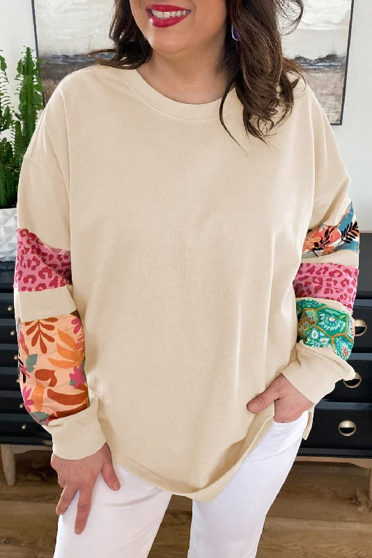 Beige Plus Size Printed Patchwork Sleeve Split Sweatshirt Hoodie with Ribbed Hem Stretchable Secure Beige Plus Size Printed Patchwork Sleeve Split Sweatshirt Hoodie with Ribbed Hem Stretchable Secure