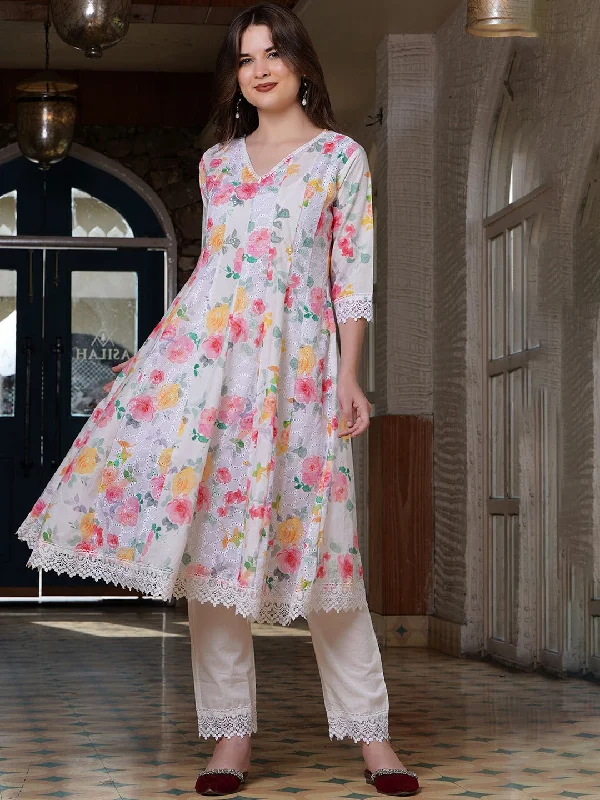 Women's Floral Printed Panelled Pure Cotton Kurta With Trousers - Hatheli Trousers Denim Distressed Women's Floral Printed Panelled Pure Cotton Kurta With Trousers - Hatheli Trousers Denim Distressed