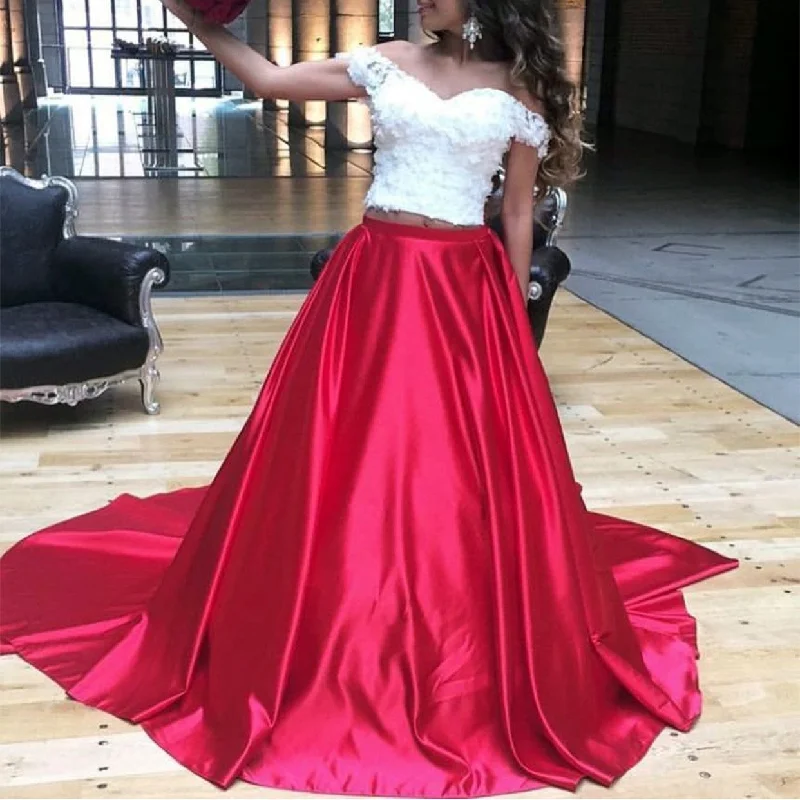 White Lace Crop Long Satin Two Piece Prom Dresses Tunics Velvet soft