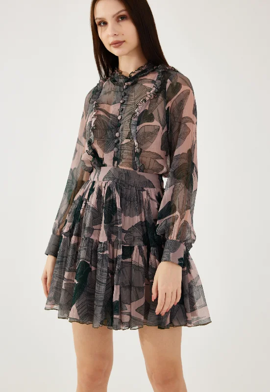Peach, grey and green floral short skirt leather skirt modern