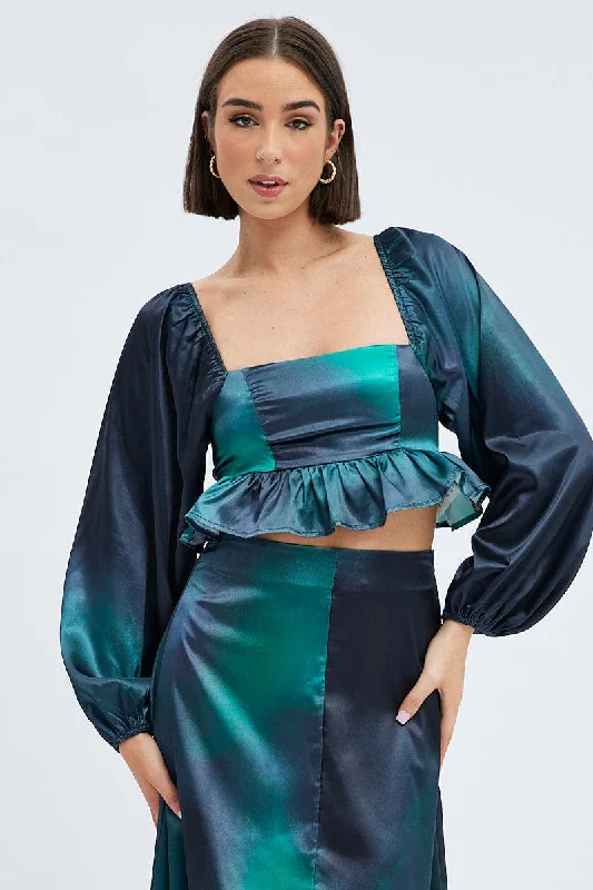 Green Print Crop Top Long Sleeve Square Neck Frill Hem Satin Beaded Sequined Faux Fur Green Print Crop Top Long Sleeve Square Neck Frill Hem Satin Beaded Sequined Faux Fur