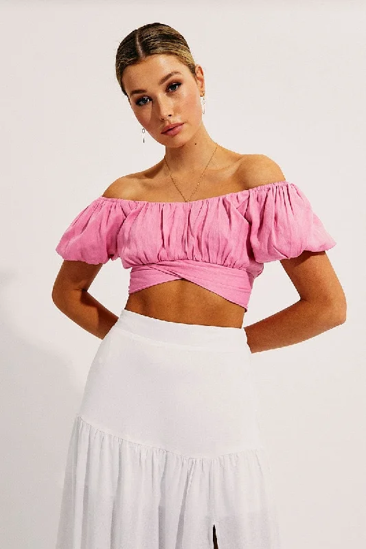 Pink Crop Top Short Sleeve Sweetheart Neckline Tie Back Houndstooth Herringbone Solid