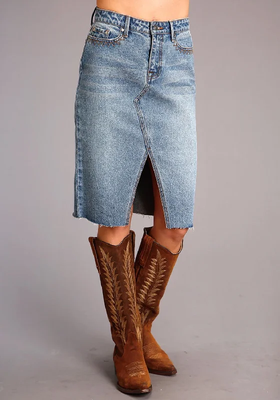 Stetson Womens Blue 100% Cotton Slit Center Denim Midi Skirt zip skirt side