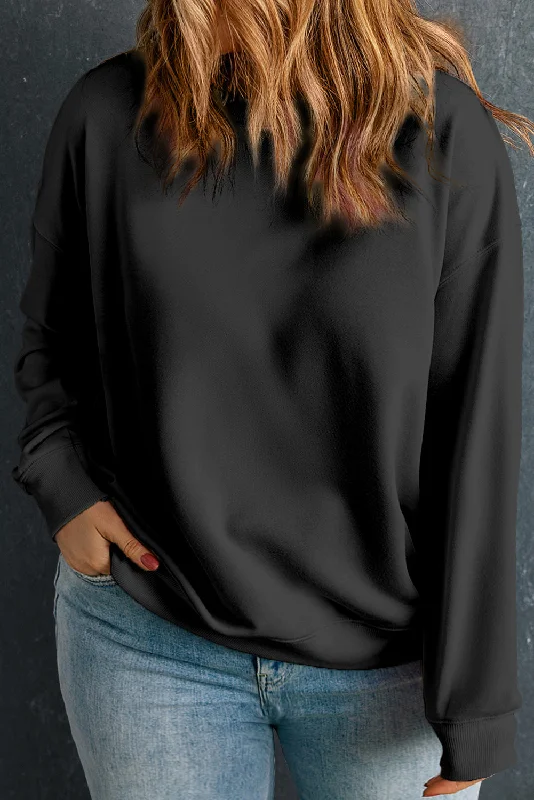 Black Solid Crew Neck Drop Shoulder Plus Size Sweatshirt Hoodie with Hem Patch Decorative Personalized