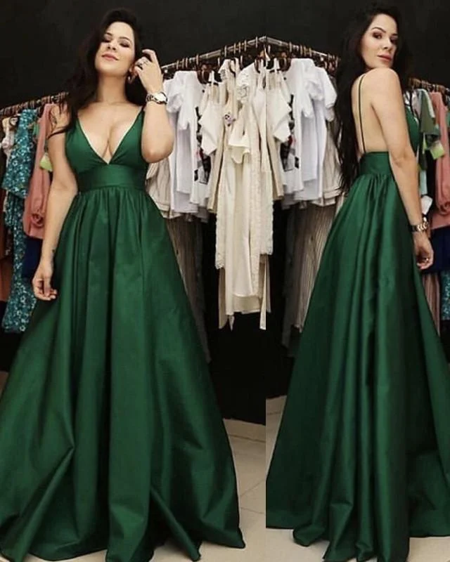 Plunge V-neck Floor Length Satin Prom Dresses Tunics Leisure comfortable