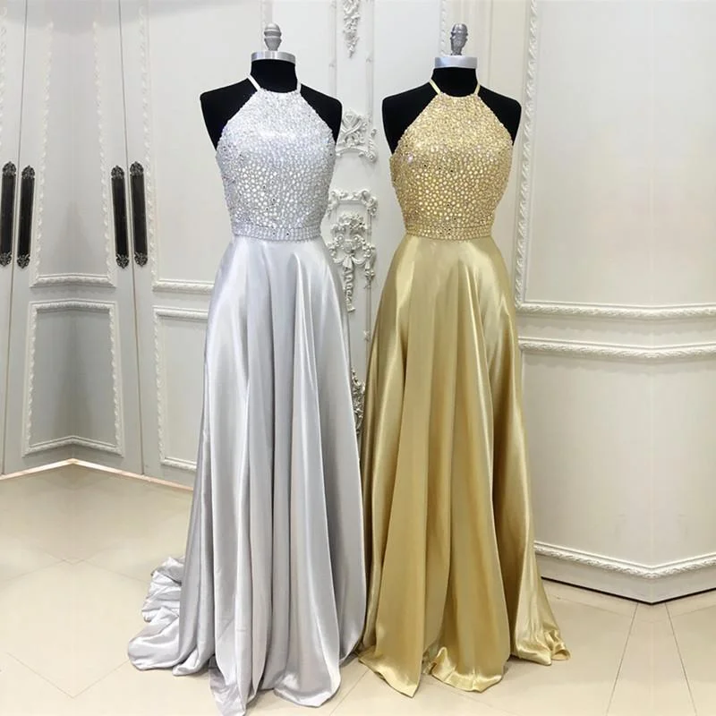 Sparkly Crystal Beaded Halter Long Satin Open Back Prom Dresses 2018 Tunics Wedding white