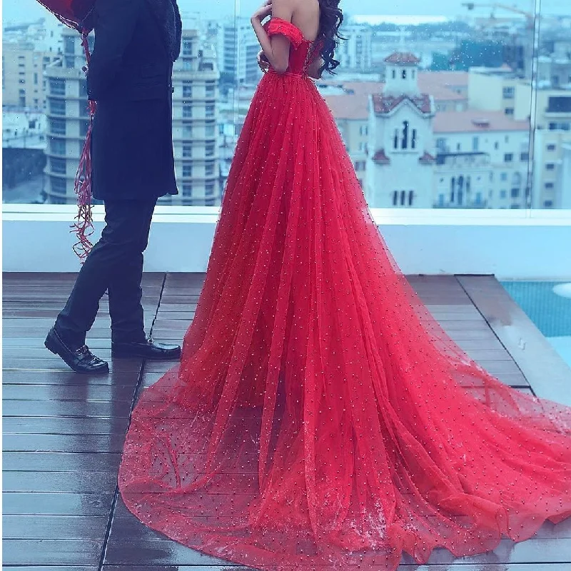 Red Tulle  Off The Shoulder Long Prom Evening Dresses Pearl Beaded 2017 Tunics Cozy comfortable