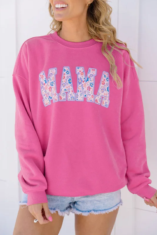 Rose Red Floral MAMA Embroidered Graphic Pullover Sweatshirt Hoodie with Velcro Closure Adjustable Secure