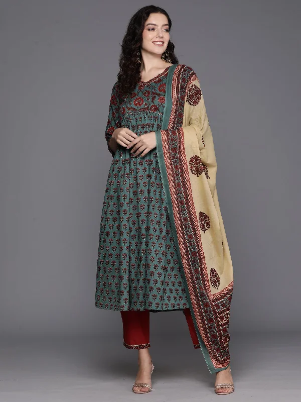 Women's Teal Printed A-Line Kurta Trousers With Dupatta Set - Indo Era Trousers Floral Bohemian Women's Teal Printed A-Line Kurta Trousers With Dupatta Set - Indo Era Trousers Floral Bohemian